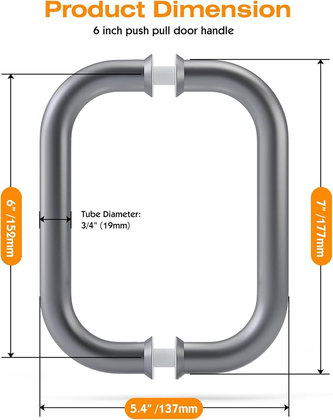 Ranbo Electroplating Grey 6" （CTC） Tubular Back-to-Back Shower Door Handle，Heavy-Duty 1.0mm Thick 304 Stainless Steel, for 1/4"- 1/2" Thick Glass and 1-3/8" - 2-1/6" Thick Wooden or Metal Doors