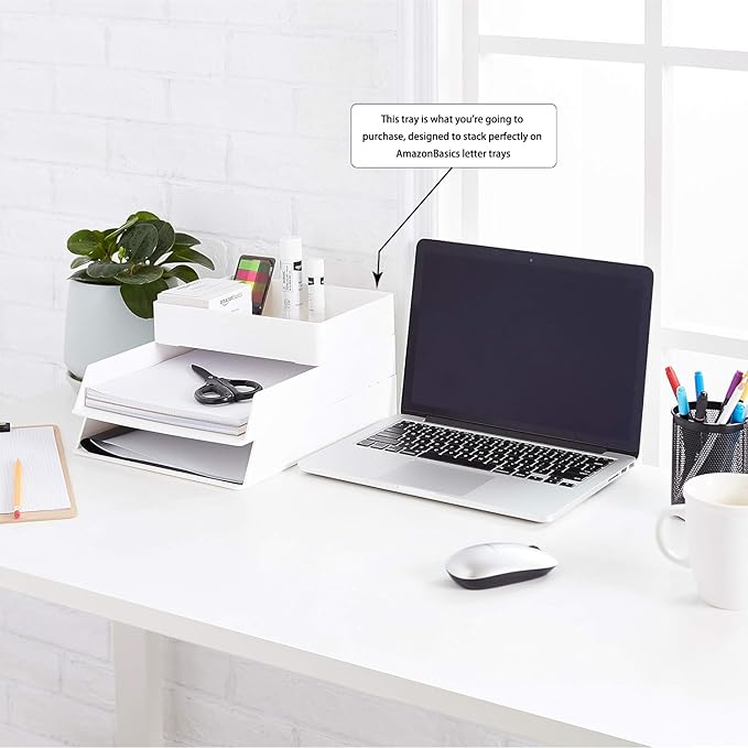 Amazon Basics Rectangular Plastic Desk Organizer with Storage Trays, Accessory Tray, Drawer Organizer, 9.4 x 6.7 x 2 inch, White
