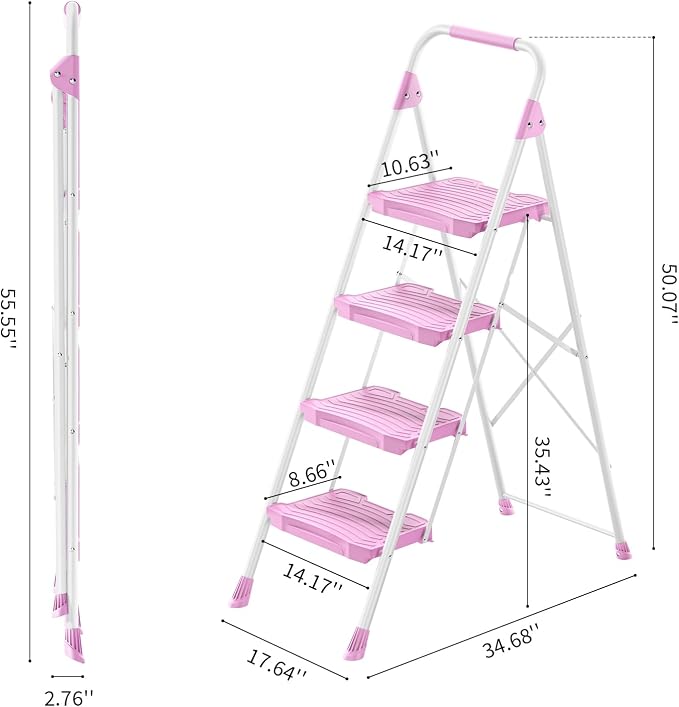 KINGRACK 4 Step Ladder, 900lbs Sturdy Step Stool with Handrail, Anti-Slip Wide Pedals, Foldable Stepladder for Home, Garage, Garden, Household, Pink, Pass 900LBS Testing