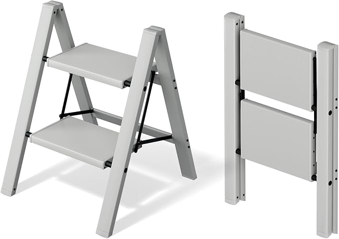 Mayi Plus 2 Step Ladder,Aluminum Folding Step Stool for Adults,Step Ladder with Wide Anti-Slip Pedal,330 lbs Capacity for Home,Office,Kitchen,Library(Grey)