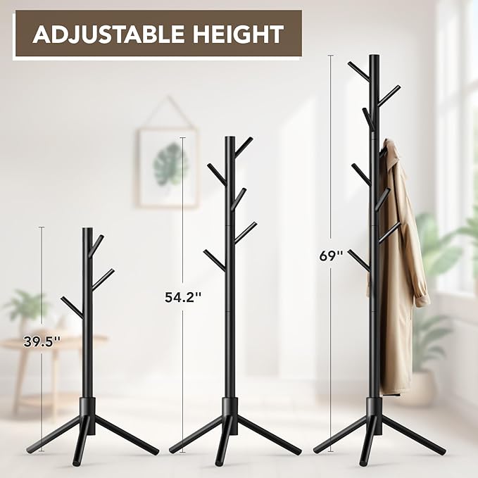 Hupmad Wooden Tree Coat Rack Stand,Sturdy Freestanding Coat Rack with 8 Hooks,3 Adjustable Height for Child Adult,Wood Coat Stand Tree Fits Entryway Bedroom Office for Bags,Hats, 2 Pack