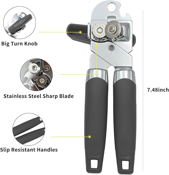 Safring Can Opener Manual, Handheld Strong Heavy Duty Stainless Steel Can Opener, Comfortable Handle, Sharp Blade Smooth Edge, Can Openers with Multifunctional Bottle Opener, Gray