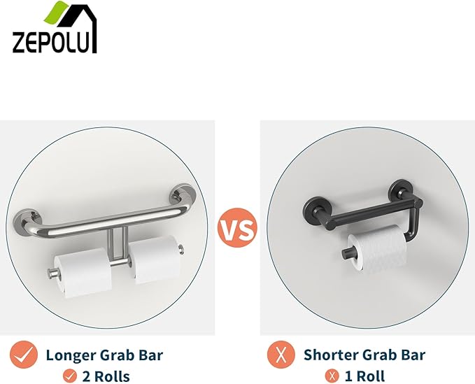 Polished Chrome Grab Bar for Bathroom 17 Inch, Zepolu Stainless Steel 2-in-1 Safety Handrail w/Double Toilet Paper Holder, Wall Mounted Balanced Support Bar Assist Handle for Senior Elderly Handicap