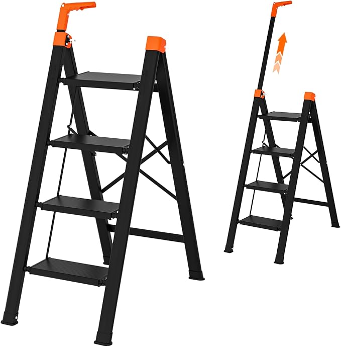 4 Step Ladder with Single-Handrail,Lightweight Aluminum 4 Step Ladder,600lbs Max Load Heavy Duty Step Stool for Kitchen,Home,Office
