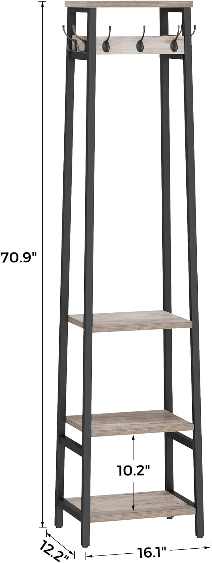 Coat Rack Freestanding, Coat Stand with 3 Shelves and 7 Hooks, Hall Tree Free Standing, Clothes Rack Stand Organizer, Industrial Style, Greige and Black