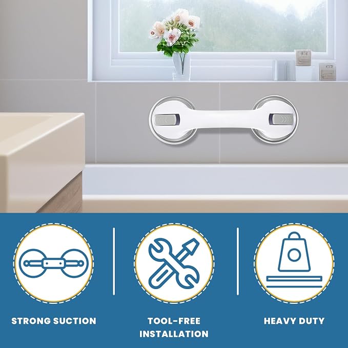 12-Inch Suction Grab Bars for Bathtubs and Showers - 2 Pack Heavy-Duty Bathroom Safety Handles for Seniors and Shower Chairs (Gray/White) Grab Bars can be attached to Tiles, Glass & Hard Plastic ONLY.