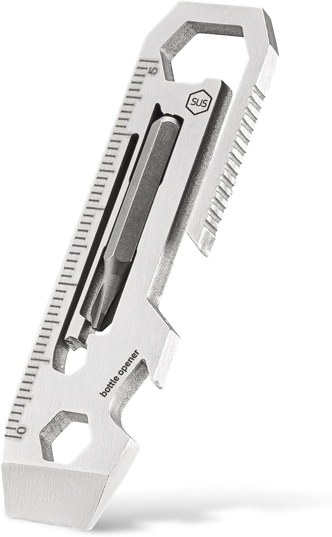 KeyUnity KR03 EDC Pry Bar Multitool with Flathead and Phillips Screwdriver Bottle Opener Wrenches and Ruler Compact Pocket Tool for Everyday Carry and Camping Gear