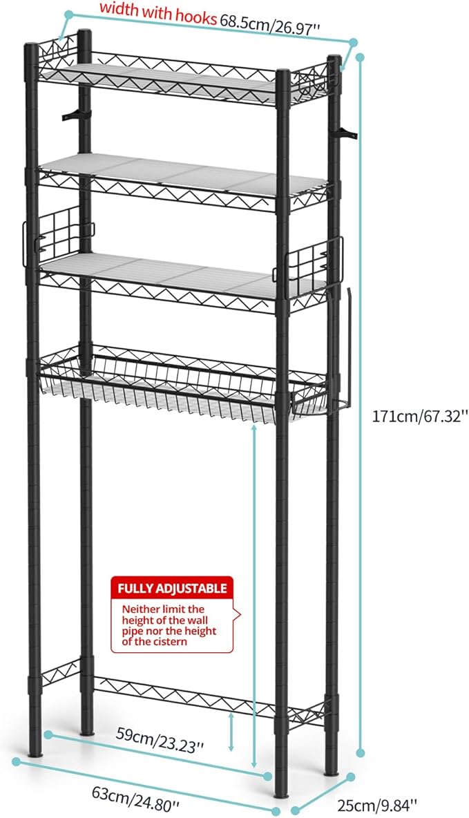 Hodonas Over Toilet Bathroom Organizer, Adjustable 4-Tier Over the Toilet Storage Shelf Sturdy Bathroom Shelves, Freestanding Above Toilet Storage Rack Stable Bathroom Space Saver, Black