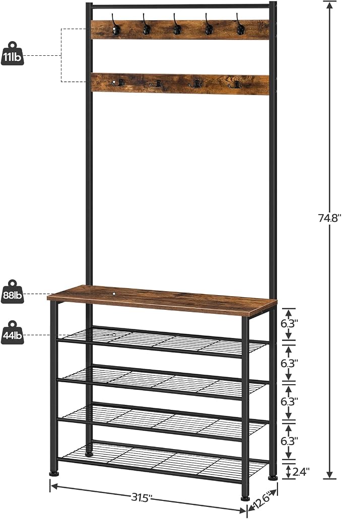 HOOBRO Hall Tree, Coat Rack with Shoe Rack, Hall Tree with Bench, 5 Tier Shoe Storage Organizer with 9 Hooks for Entryway, Closet, Sturdy, Industrial, Rustic Brown and Black BF80MT01G2