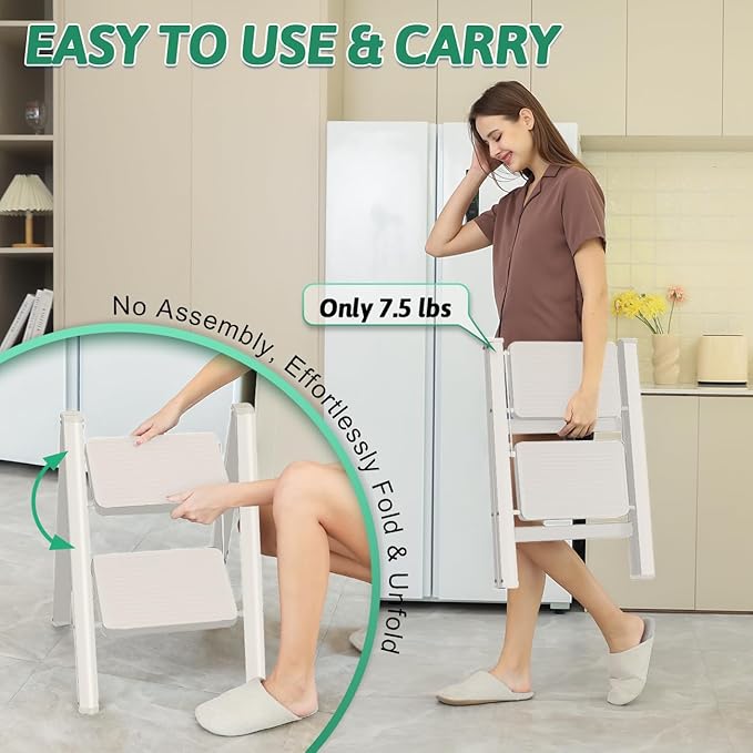 2 Step Ladder Folding Step Stool, Heavy Duty 330 Lbs Load Stepladder, Small Kitchen/Closet Ladder for Adults/Kids, Lightweight Step Ladder 2 Step Folding with Anti-Slip Wide Pedal for Home Off White