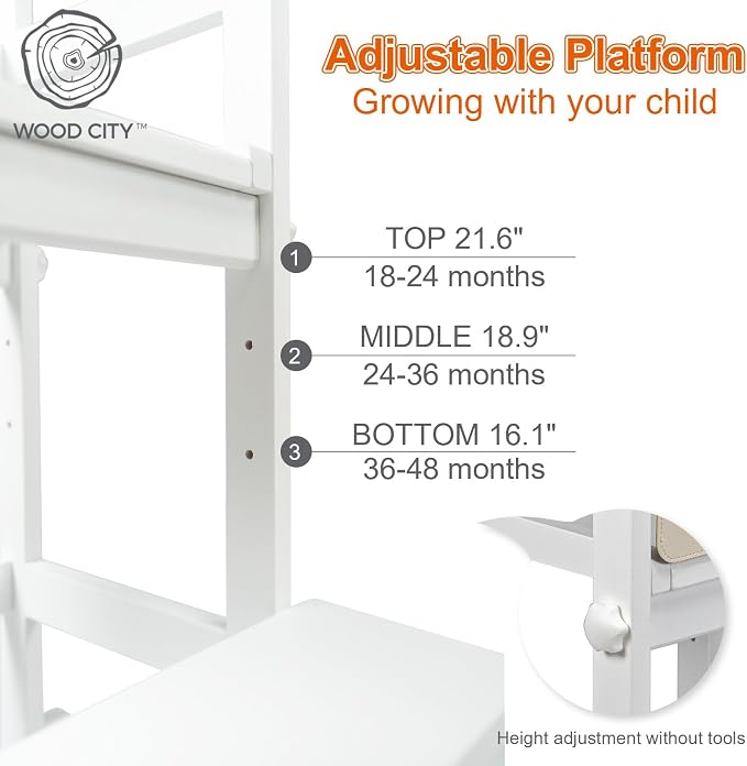 Kitchen Step Stool for Toddlers with Non-Slip Mat, WOOD CITY Wooden Kids Montessori Learning Stool Tower, Toddler Standing Tower Helper for Kitchen Counter and Bathroom Sink(White-Adjustable)