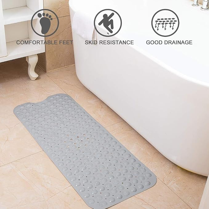 Bathtub Mats for Shower Tub Non-Slip Bath Mat 39 x 16 Inch Extra Long Shower Mat, Bath Tub Mat for Bathroom with Machine Washable, BPA Free for Kids (Gray)