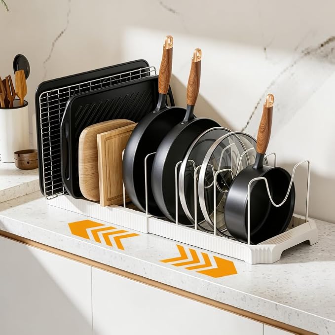 MUDEELA Pots and Pans Organizer under Cabinet, Pot Rack with Expandable Pot Lid Organizers Holder for 10 Adjustable Dividers, Pan Organizers inside Cabinet for Pan Lids, Cutting Boards, Baking Sheets