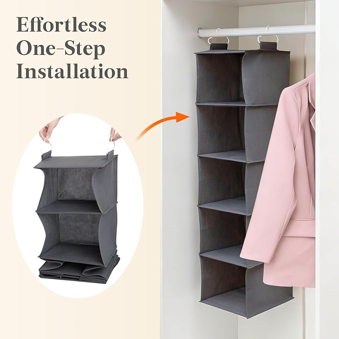 Lifewit 5 Tier Hanging Closet Organizer and Storage for Shelves, Foldable Clothes Shelf with 2 Sturdy Hooks, Sweater/Coat/Shoes Clothing Organization for Wardrobe, Dorm, Bedroom, Gray