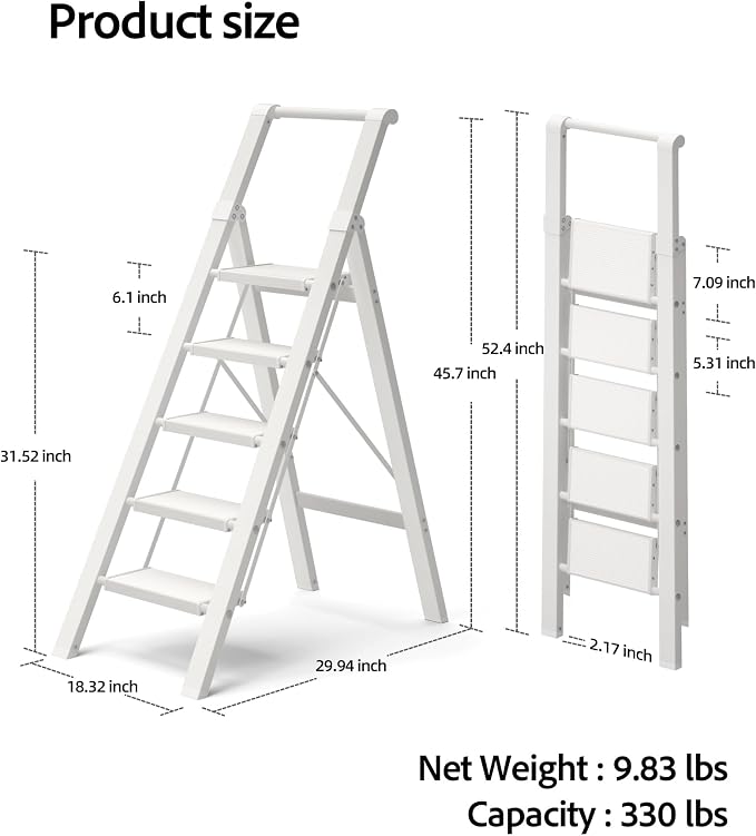 5 Step Ladder, Lightweight Folding StepStool with Convenient Handgrip,Aluminum 330lbs CapacityStep Ladder for Office,Household,Kitchen(White)