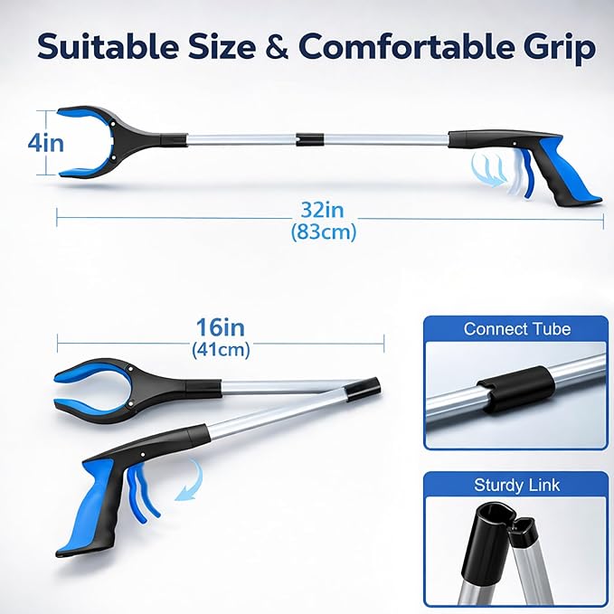 Grabber Reacher Tool - 32” Extra Long Foldable Gripper and Reaching Tool - Heavy Duty Pick Up Stick Grabbers for Seniors, Trash, Surgery Recovery Must Haves Gifts (Blue-2pc)