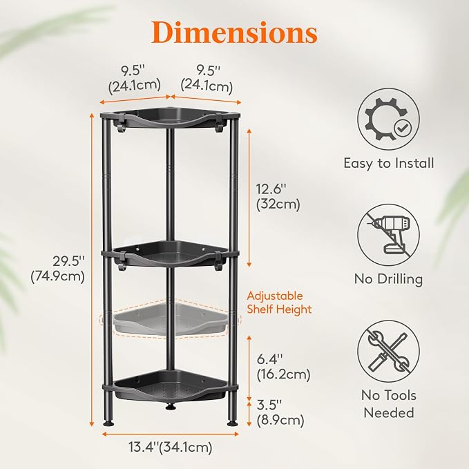 Lifewit Floor Standing Shower Caddy Corner, 3 Tier Plastic Shower Stand Rack with Adjustable Feet and Hooks, Rustproof Bathroom Shelf Organizer, Black, 34 x 24 x 75 cm/13 x 9.5 x 29.5 inch