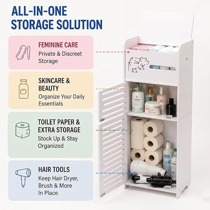 BorealBear Slim Bathroom Storage Cabinet with Louvered Doors for Women, Narrow Freestanding Floor Cabinet to Store Pads Tampons Toiletries, 3-Tier Large Moisture-Resistant Organizer Small Space