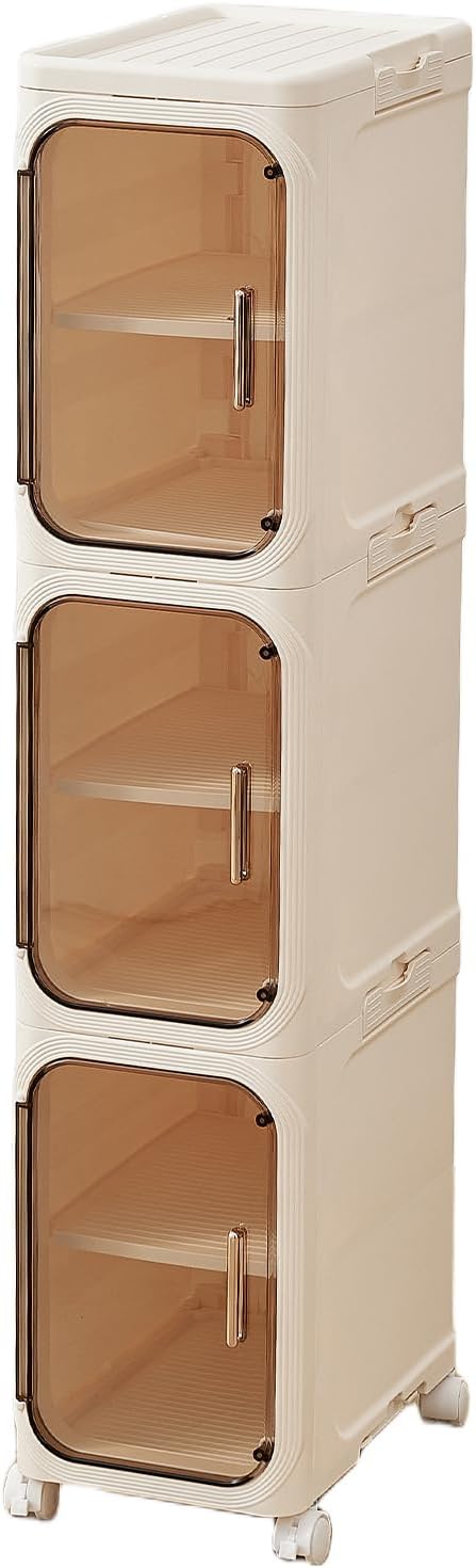 UFORU 3-Tier Tall Narrow Storage Cabinet- Plastic Slim Bathroom Storage Organizer with Magnetic Doors, Adjustable Shelves&Movable Wheels, Foldable Skinny Cabinet for Small Spaces, Kitchen, Cream White