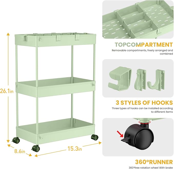 SPACELEAD 3 Tier Rolling Cart with Wheels, Storage Craft Art Trolley Organizer Serving, 3 Hanging Baskets Easy Assembly, for Office, Living Room, Kitchen, Green