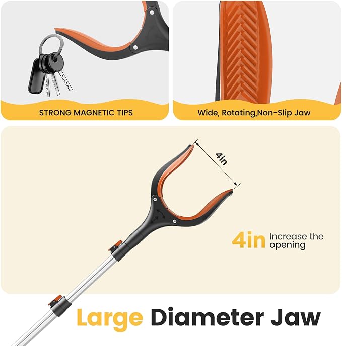 Telescopic Grabber Reacher Tool, 5-Level Adjustable (23" to 41") - Extendable Gripper and Reaching Tool, Heavy Duty Pick Up Stick Grabbers for Elderly, Surgery Recovery Must Haves (Orange)