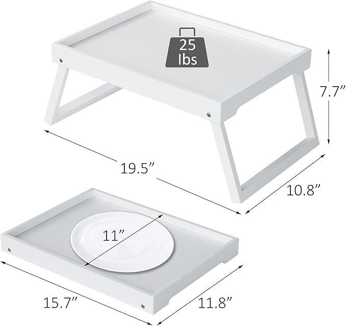 Bamboo Bed Tray Table with Folding Leg, Breakfast in Bed Tray for Eating,Kitchen Serving, Food, Sofa, Snacking or Working, Laptop Desk Dinner(1, White)