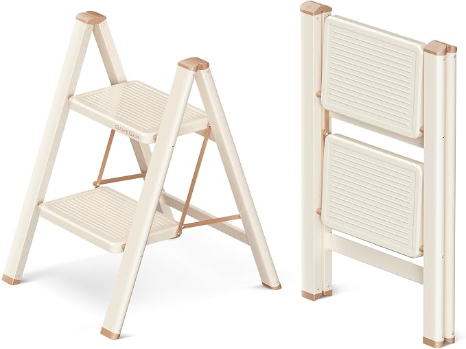 2 Step Ladder Folding Step Stool with Wide Anti-Slip Pedal, 330LBS Capacity, Lightweight Portable Stepladder for Home and Kitchen Use, Cream Chocolate
