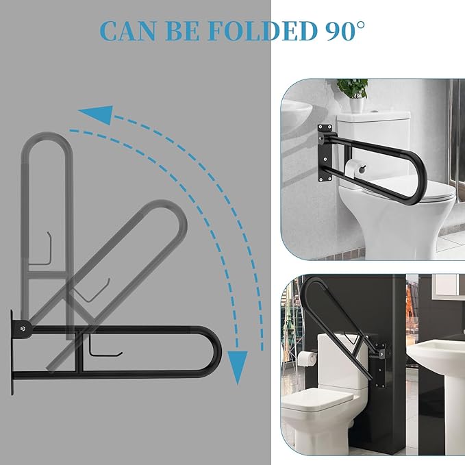 Toilet Grab Bar 32 Inch Black, Munzong Anti-Slip Handicap Grab Bars with Paper Holder, Flip-Up Bathroom Safety Rails, Stainless Steel Knurled Support handrails for Seniors Elderly Disabled Pregnant