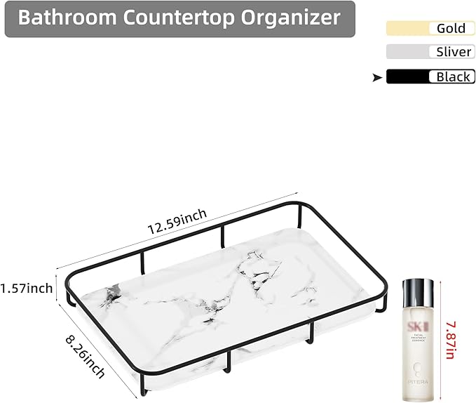 Dobbyby Vanity Tray Makeup Organizer Cosmetics Storage Bathroom Skincare Organizer Countertop Display Rack in Dresser Stainless Steel Shelf Marble Print Ceramic Trays