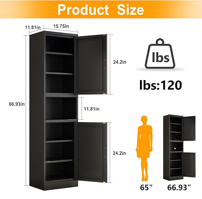 Ckzbx Tall Narrow Storage Cabinet 66.93" H Tall Bathroom Cabinet Metal Pantry Cabinets, 4 Adjustable Shelves for Kitchen, Home Office, Living Room, Dinning Room (16 inches Wide Black)