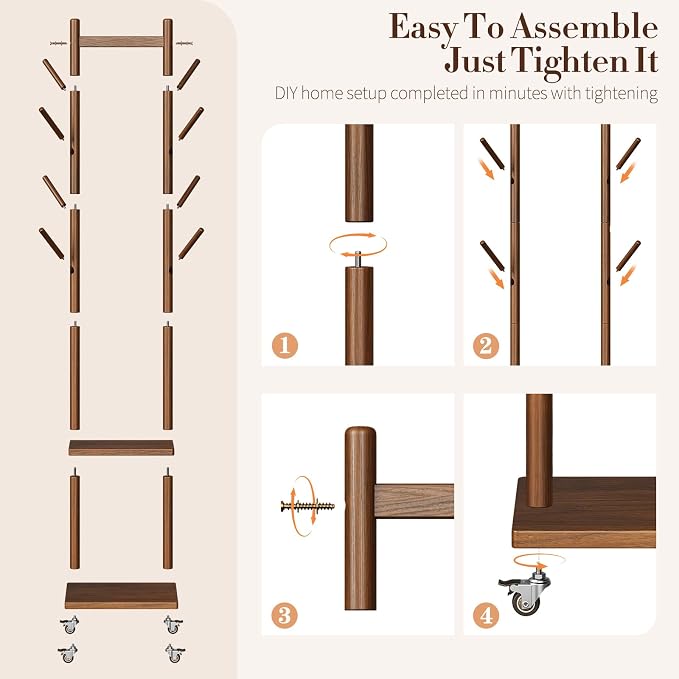Yoobure Solid Wood Coat Rack Freestanding - Rolling Clothes Rack with 8 Hooks & Shelves, Small Clothing Rack with Wheels, Heavy Duty Clothing Racks for Hanging Clothes, Portable Hall Tree for Entryway