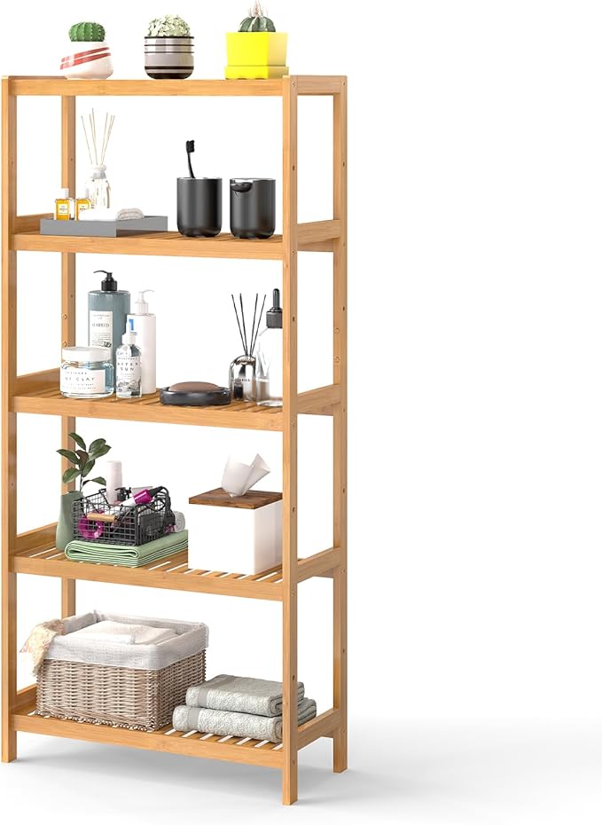 kinbor 5-Tier Bamboo Bathroon Shelf - Multifunctional Bamboo Rack Storage Shelving Rack Utility Shelf for Bathroom Kitchen Living Room