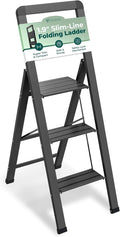 Step Ladder 3 Step Folding, Decorative - Modern Beautiful Black Aluminum,Lock Mechanism, Ultra Slim Profile, Anti Slip Steps, Sturdy-Portable for Home, Office, Kitchen, Photography Use,by SORFEY