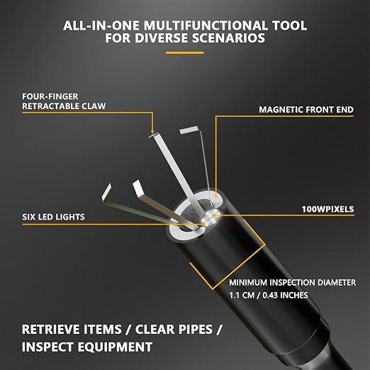 Endoscope Camera with Light and Grabber, Sewer Borescope Inspection Mirror with Magnetic Pickup, Drain Snake Scope for Automotive Repair & Pipe Cleaning, IP67 Waterproof, 6 LED, 23.6-Inch