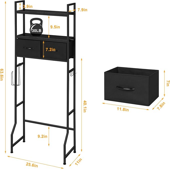 ETELI Over The Toilet Storage Bathroom Cabinet 3 Tier Freestanding Over Toilet Storage Cabinet Shelf Space Saving Behind Above Toilet Bathroom Organizer with Fabric Drawers, Black