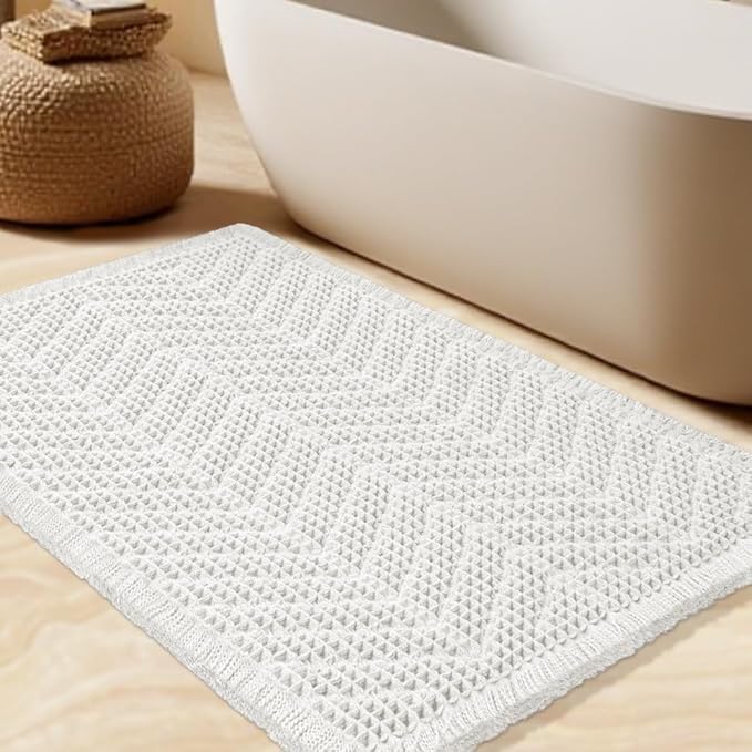Upgrade Waffle Bath Mat, Boho Bathroom Rugs Absorbent Non Slip, Ultra Soft Bathroom Mat, Machine Washable Knit Bath Rugs with Herringbones for Bathroom, Bedroom, Kitchen, Shower, Tub, 32"x20", White