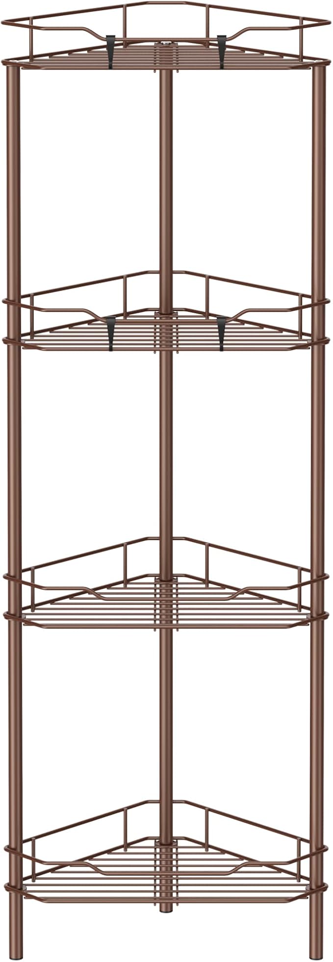 HuggieGems 4 Tier Floor Standing Corner Shower Caddy Organizer Shelf with Hooks, Bathroom Shelves Stand Rack, Coffee