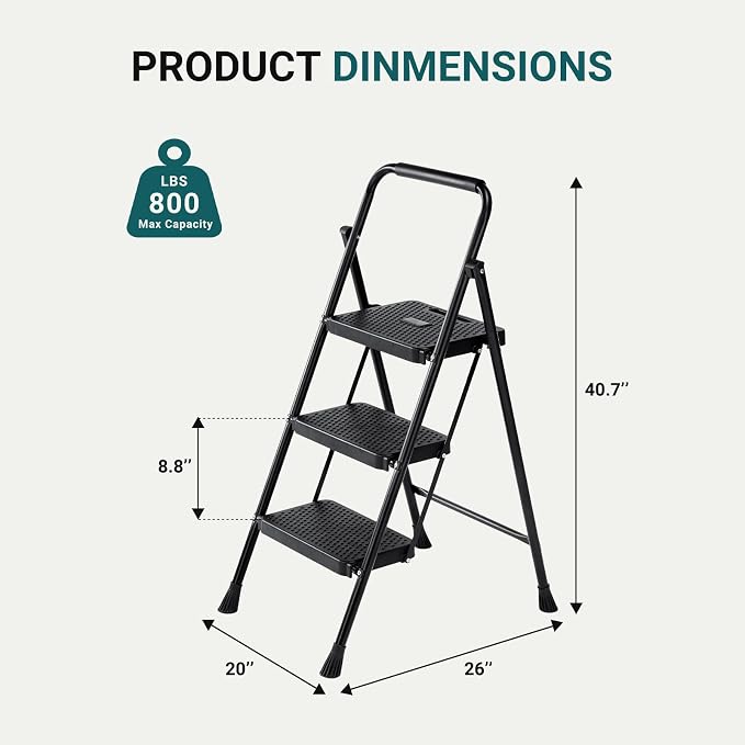 Smug Step Ladder, 3 Step Stool Foldable with Anti-Slip Pedal & Comfortable Handrail, 800lbs Capacity Sturdy Steel Ladder, Protable Heavy Duty Steel Stool for Kitchen, Garage & Outdoor Use, Black