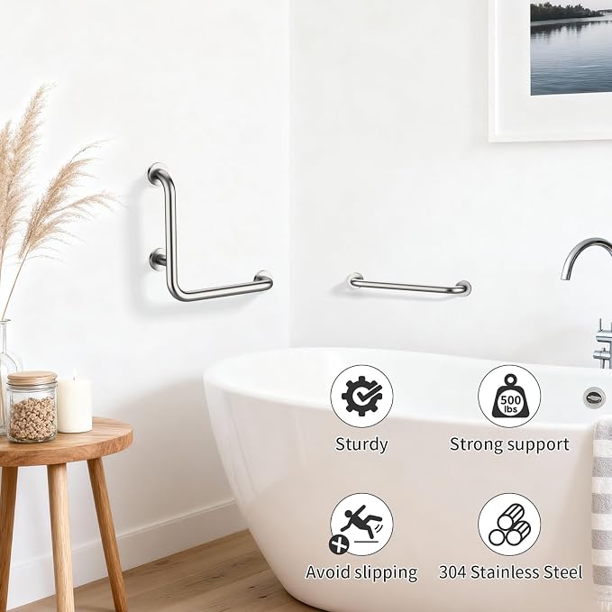 L-Shaped Angled Shower Grab Bar w/Straight Bathroom Safety Handrail 16 Inch, iHansee Brushed Nickel Handicap Grab Bar Wall Mounted, Toilet Bathtub Balance Support Bar for Elderly Seniors Injury
