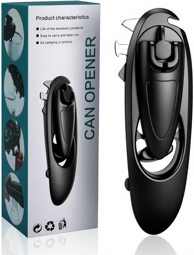 8 in 1 Multifunctional Can Opener, Black Smooth Edge Bottle Opener with Magnetic,360°Rotating Handle Can Opener Manual