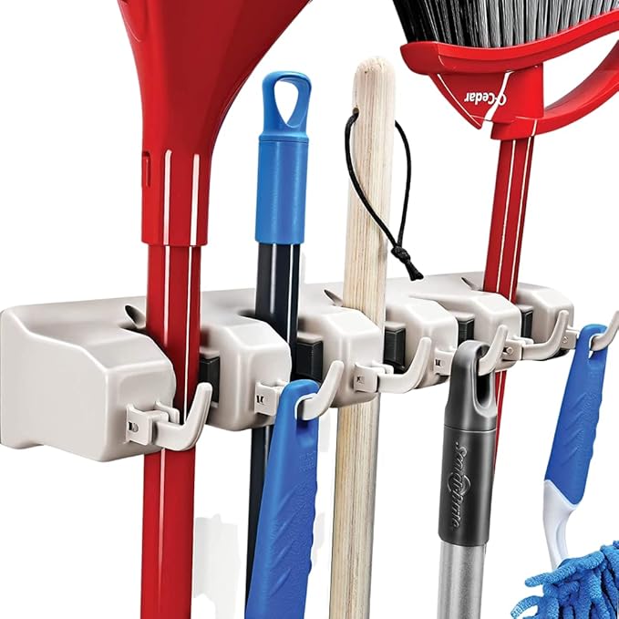 HOME IT Broom and Mop Holder Wall Mount – Heavy Duty Garage Organizer with 5 Slots & 6 Hooks, 7.5lbs Capacity Per Slot - Easy Install Storage Rack for Home, Kitchen, Laundry Room & Garden - Off-White