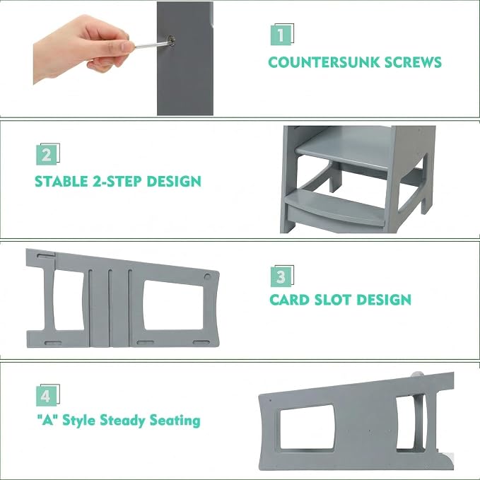 EGREE Modern Gray Wooden Toddler Kitchen Tower Step Stool- 3 Heights Adjustable Montessori Learning Tower Step Up Stool with Safety Rails - Kids Kitchen Helper Stand for Cooking & Bathroom