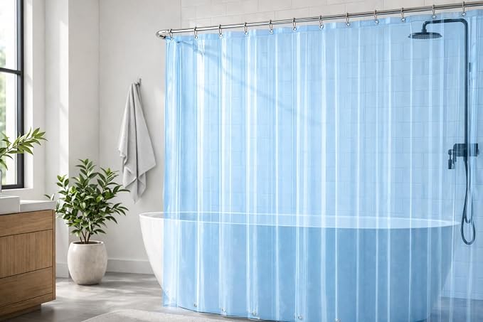 EHZNZIE Clear Blue Shower Curtain Liner 72x72, PEVA Waterproof Bath Curtain, No Chemical Smell, 3 Weighted Magnets, Durable with Rustproof Metal Grommets