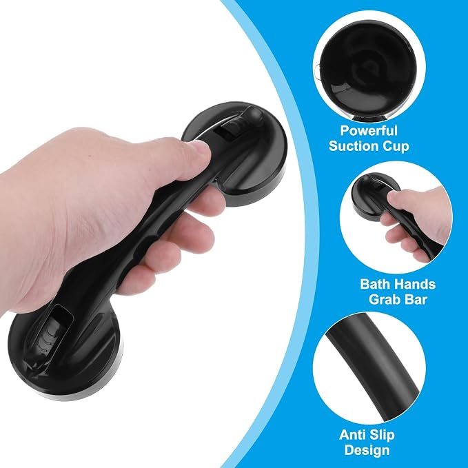 uxcell Grab Bars for Bathtubs and Showers, 8.3" Mirror Glass Door and Window Handles Powerful Shower Suction Cup Anti-Slip Safety Bars for Senior Shower Chairs Black