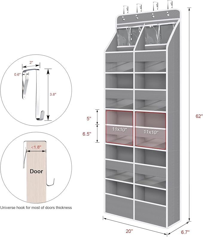 Univivi 6-Shelf Over Door Hanging Organizer Fabric Door Organizer with 10 Deep Pockets and 4 Small PVC Pockets Hanging Storage Organizers for Baby Nursery(Grey)