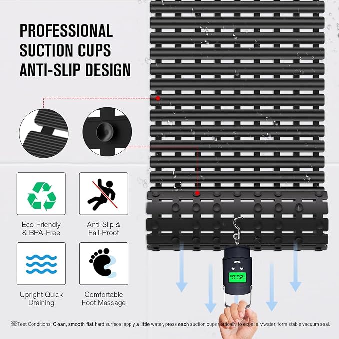 MBOSS Bath Tub Shower Mat Non Slip Bathtub Mats for Bathroom Shower Floor Mat Bath Mats for Shower Tub Anti Slip Shower Mat with Drain Hole and Large Suction Cups (Black, 37.5 X 15.7 Inch)