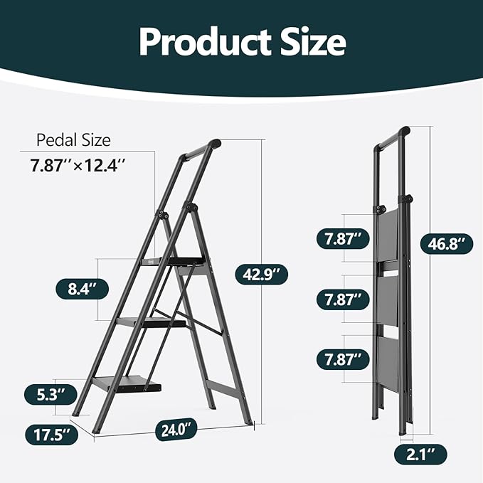 WOA WOA 3 Step Ladder, Ladders for Home, Anti-Slip Pedals, Aluminum Step Stool Foldable, Lightweight to Move, Ease of Storage, Reach 8ft for Closet Kitchen Library, Hold 300lbs - Black