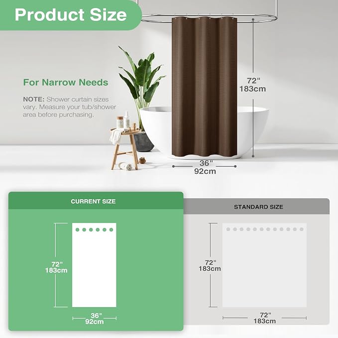 Dynamene Stall Fabric Shower Curtain - 36x72 Waffle Weave Weighted Cloth Shower Curtains for Bathroom, Neutral Heavy Duty Hotel Spa Luxury Bath Curtain Set with 6 Plastic Hooks, Brown