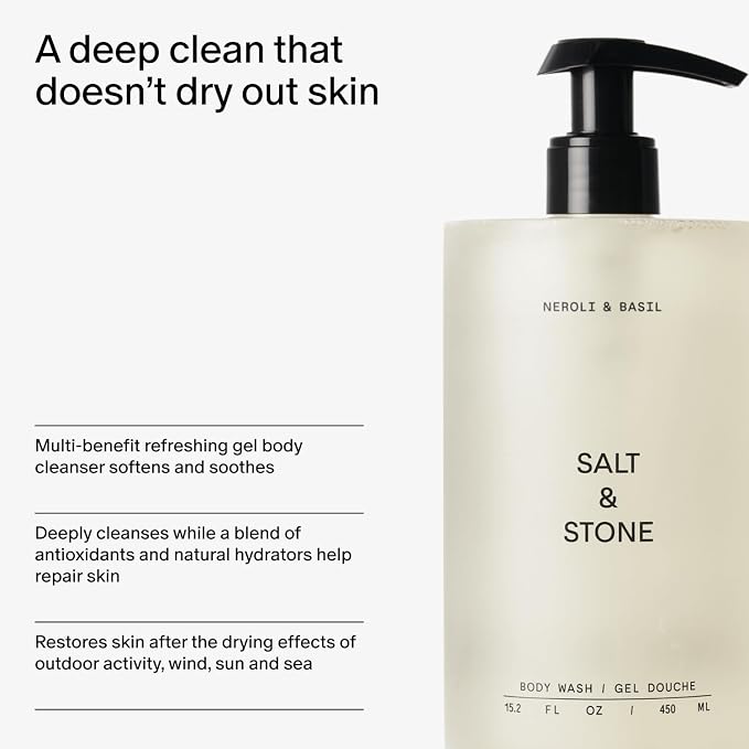 Salt & Stone Body Wash with Antioxidants for Deep Moisture | For Women & Men, Sulfate, Paraben, & Dye Free, Leaving Skin Soft and Hydrated | Neroli & Basil Refill 32 fl oz