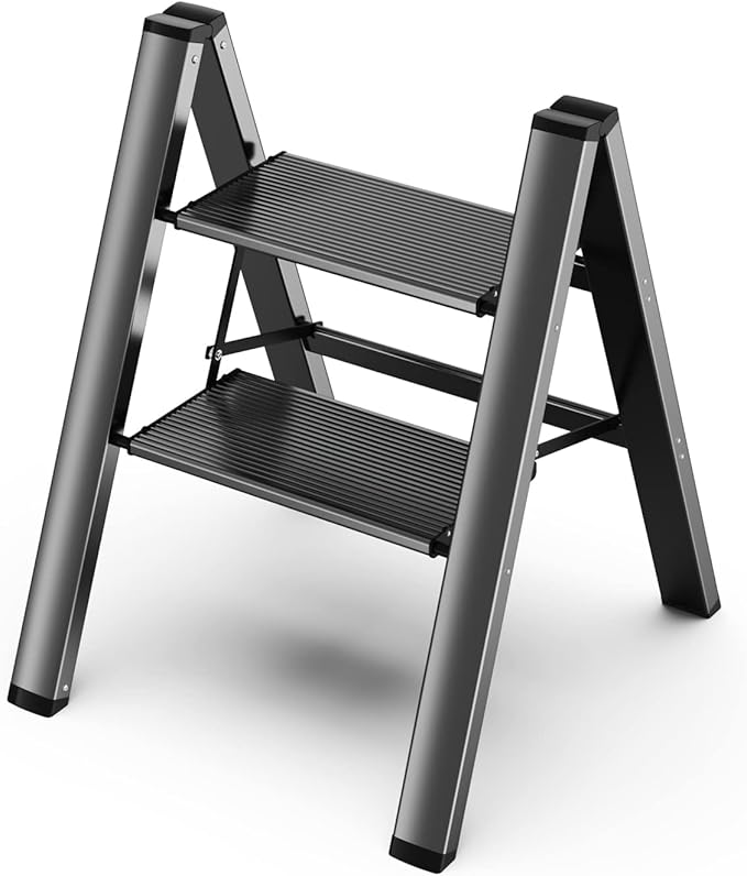 2 Step Ladder, Aluminum Folding 2 Step Stool with Anti-Slip Sturdy and Wide Pedal, Lightweight Portable Stepladder for Home and Kitchen Use Space Saving, Black, 330 lbs